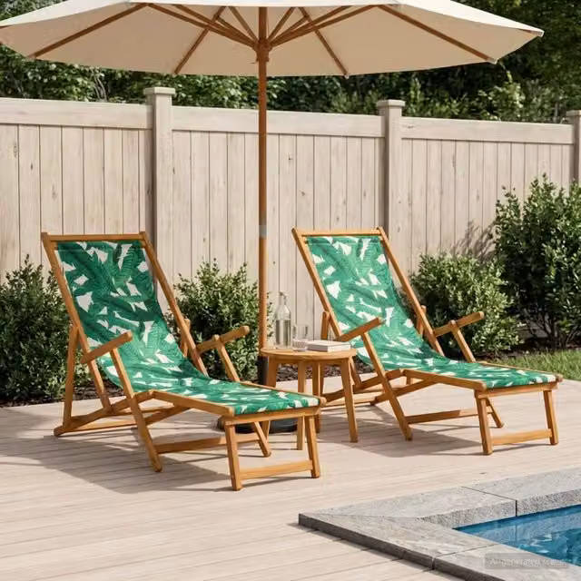 Set di 2 lettini prendisole pieghevoli vidaXL con motivo floreale verde e struttura in legno trattato per giardino e terrazzo – 1