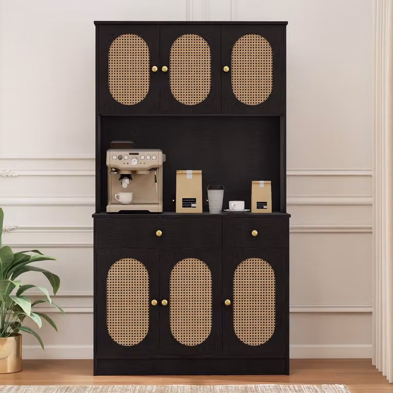 Credenza boho Costway per soggiorno con 6 ante in rattan e 2 cassetti, Mobile dispensa Nero, Larghezza: 180 cm