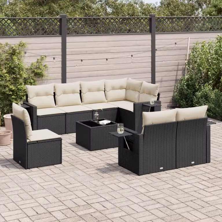 Set di divani da giardino vidaXL in polyrattan nero con cuscini e tavolino da esterno a forma di L