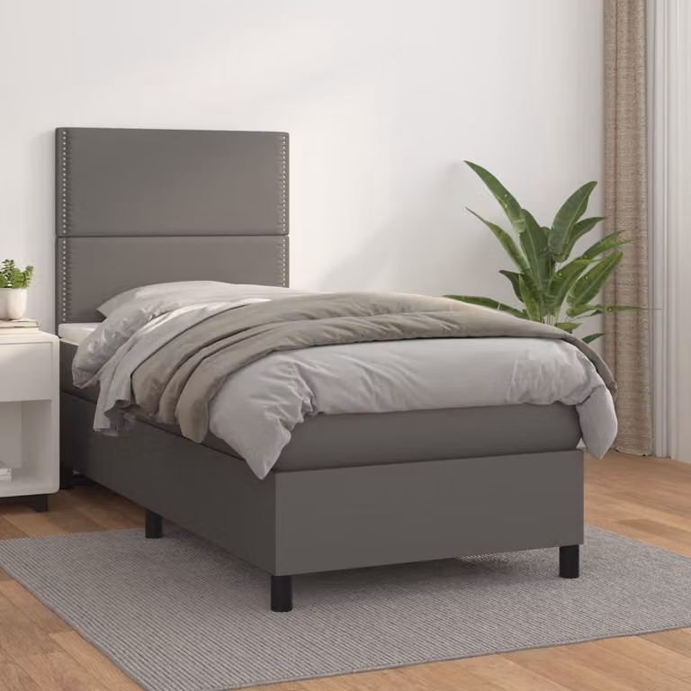 vidaXL Letto a Molle Ibrido con Materasso in Similpelle Grigio e Bianco L: 100 cm, P: 200 cm, H: 76,7 cm