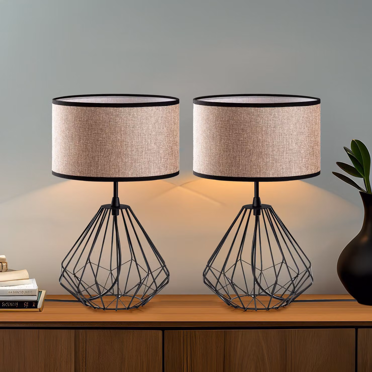 Opviq, set di lampade da tavolo di alta qualità (2 pezzi), nero, 25 x 25 x 43 cm | Struttura in metallo, paralume in tessuto, cavo da 200 cm, attacco E27, IP20 | Perfette per gli interni moderni e il design industriale.