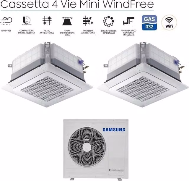 Climatizzatore Condizionatore Samsung Dual Split Inverter Cassetta 4 Vie Mini Windfree 12000+18000 BTU con Griglia Inclusa e Wi-Fi Opzionale Colore Bianco