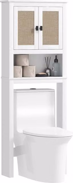Mobile Sospeso per Bagno Zephmum con 2 Ante in Rattan e MDF Bianco L: 60 cm, P: 19.5 cm, H: 160 cm