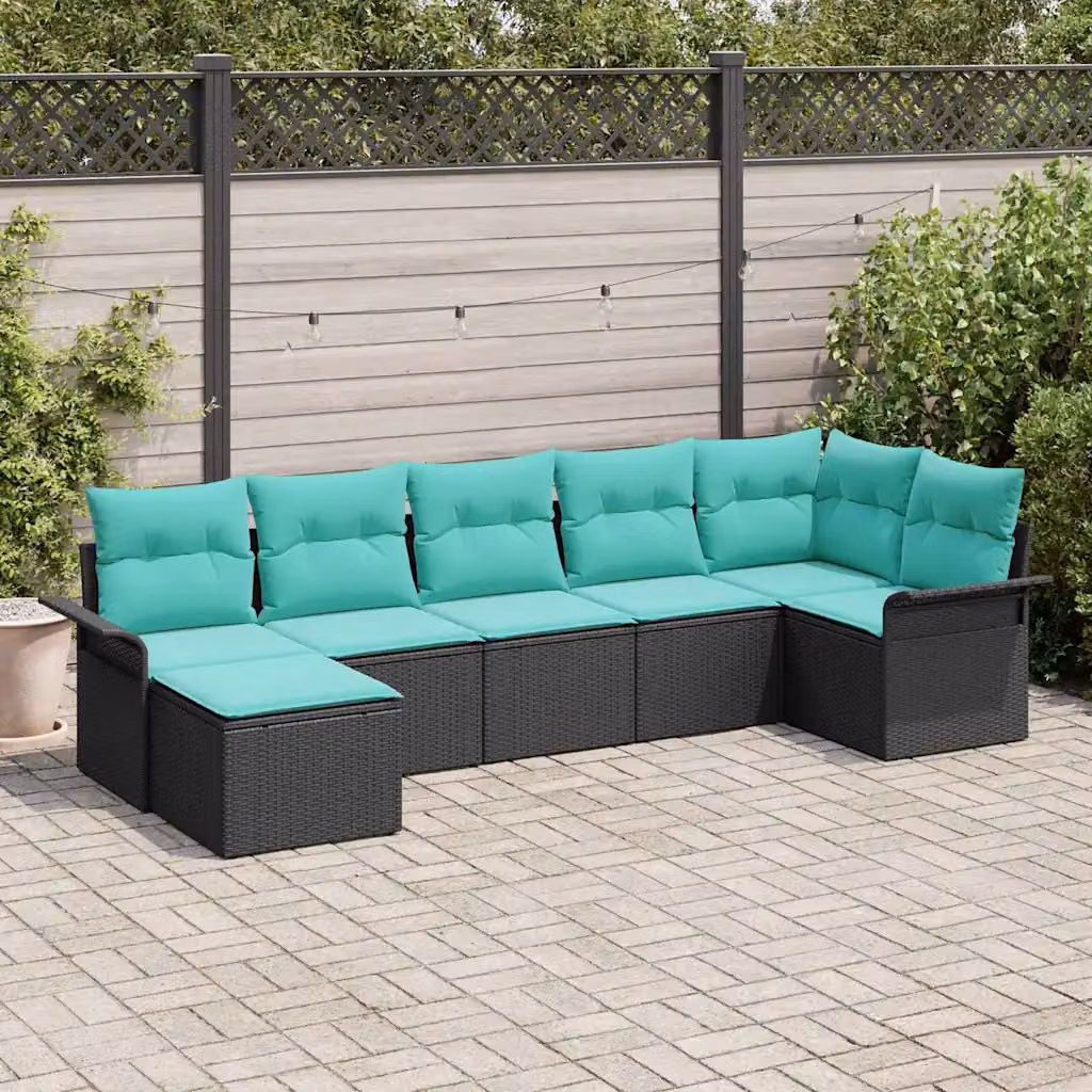 Set Divano da Giardino vidaXL 7 pz Moderno a Forma di L con Cuscini e Tavolino, Colore Nero e Turchese, Struttura in Metallo e Polyrattan
