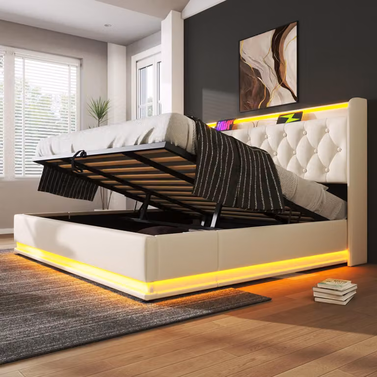 Letto imbottito Abrihome 180x200cm matrimoniale con funzione di ricarica USB&Type-c, letto contenitore idraulico con LED, bianco (senza materasso)