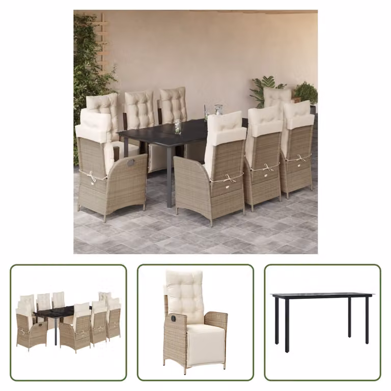 The Living Store Set da pranzo da giardino 9 pezzi con cuscini Beige poly rattan
