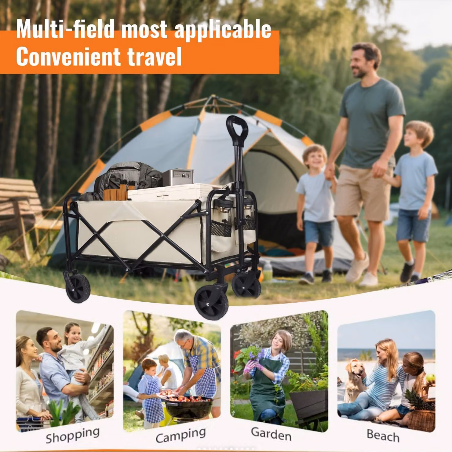 Carrello pieghevole, capacità 120 litri, portata massima 120 kg, dimensioni 70 x 43 x 72 cm, con sterzo a 360°, ideale per il campeggio