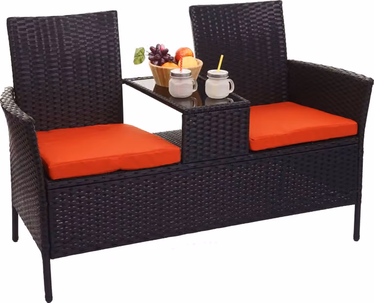 Panca in poly-rattan con tavolo HWC-E24, panca da giardino gruppo di seduta divano da giardino, 132 cm ~ nero, cuscini in terracotta