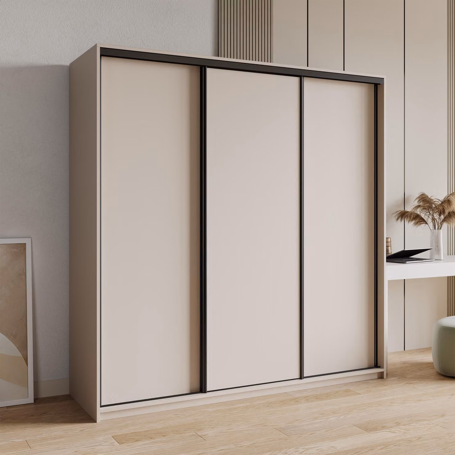 Armadio scorrevole Masseno NISSE 180/205/60 cm Armadio con 4 cassetti Armadio per camera da letto a 3 ante Cashmere