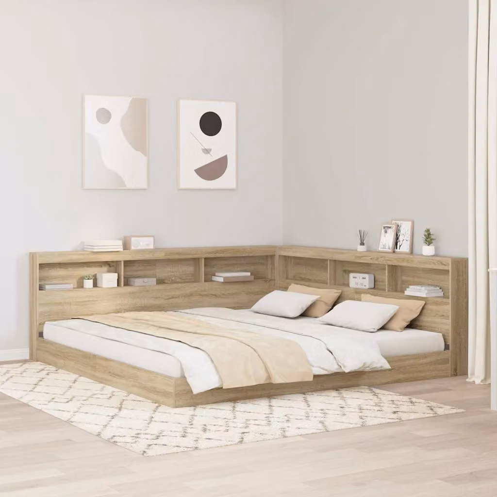 Testata letto con contenitore vidaXL in legno ingegnerizzato marrone con ripiano integrato e porta di ricarica USB L: 217,5 cm, P: 19,9 cm, H: 76,5 cm