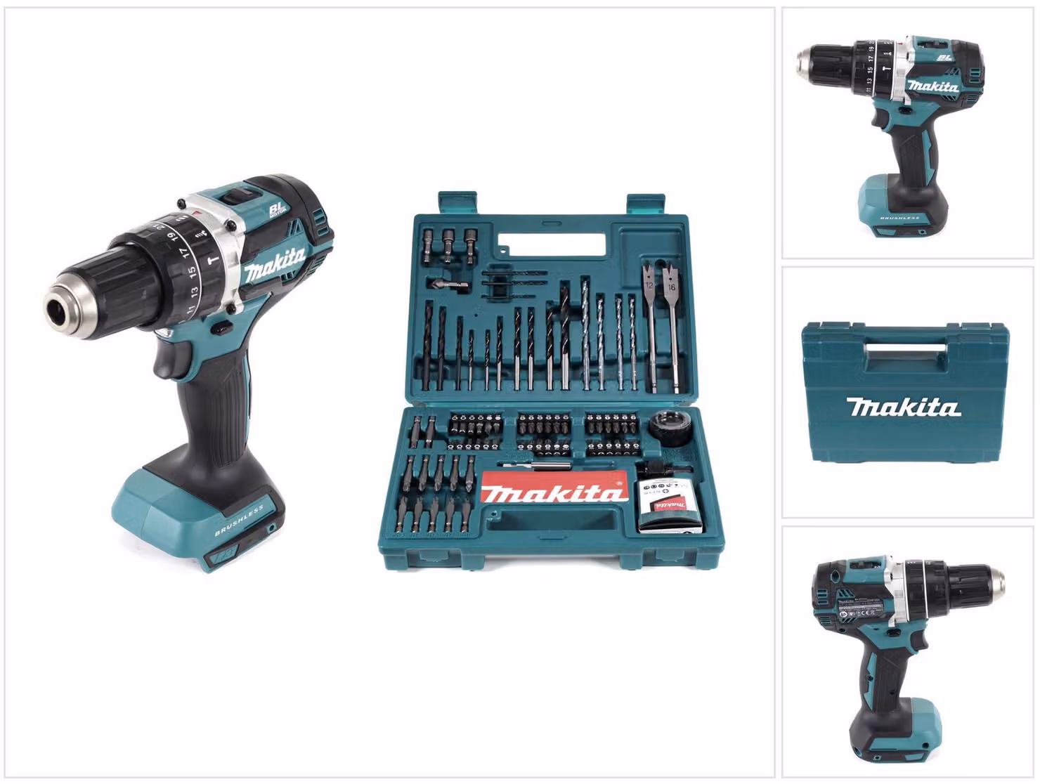 Makita DHP 484 Z Trapano avvitatore con percussione a batteria 18V + 1x Set Makita B-53811 di 100 punte per trapano