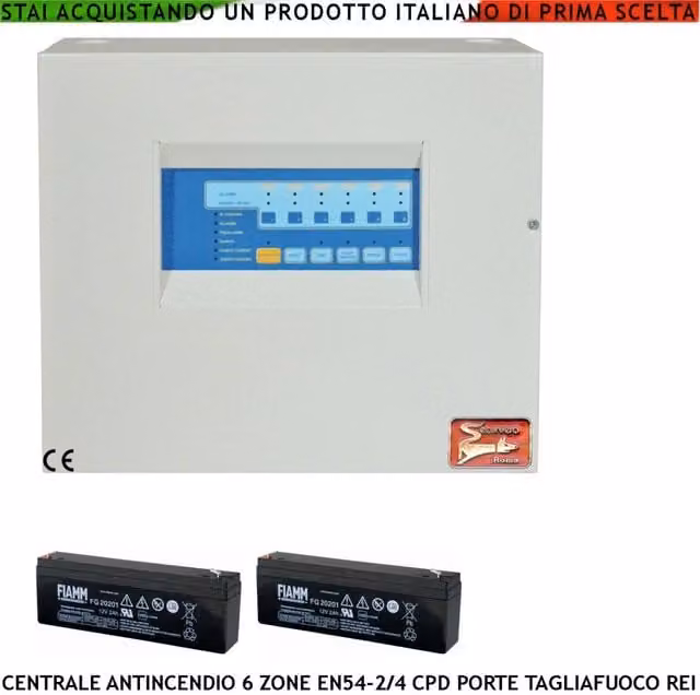 Centrale antincendio Securvera a 6 zone con gestione di 192 sensori, comando blocco porte R.E.I, allarme telefonico, sirena e spegnimento, inclusa 2 batterie 12 V 2 Ah