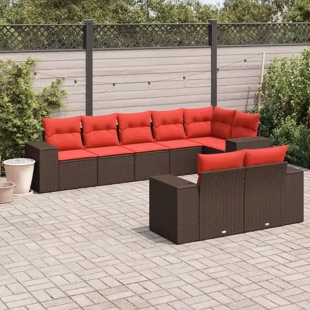 Set di divani da giardino vidaXL a forma di U composto da 8 pezzi con cuscini marroni e rossi in rattan e metallo con coperture rimovibili – 1