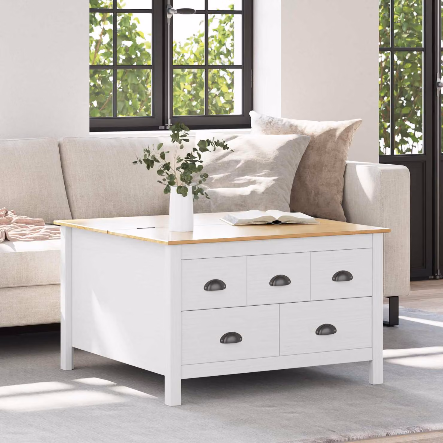 vidaXL Tavolino da salotto HILL con cassetto in legno di pino, Bianco e marrone miele, L 79,5 x P 79,5 x H 49 cm – 1
