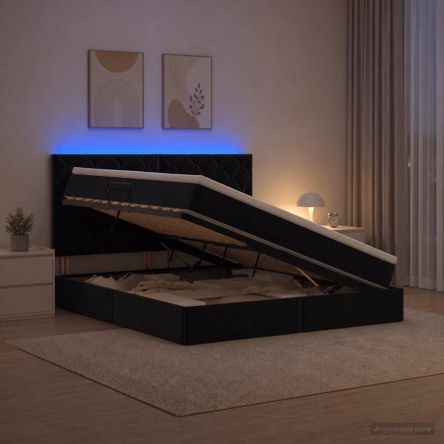 Letto con contenitore e materasso vidaXL in velluto nero con illuminazione LED e porte USB L/P/H: 204 x 180 x 140 cm