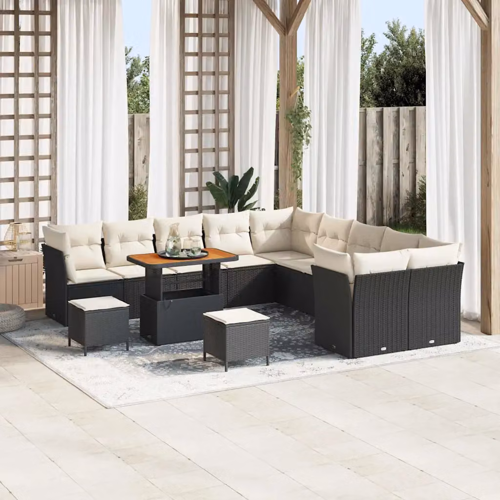 Set Divano da Giardino vidaXL 13 Pezzi a Forma di U con Cuscini Nero e Beige – 1
