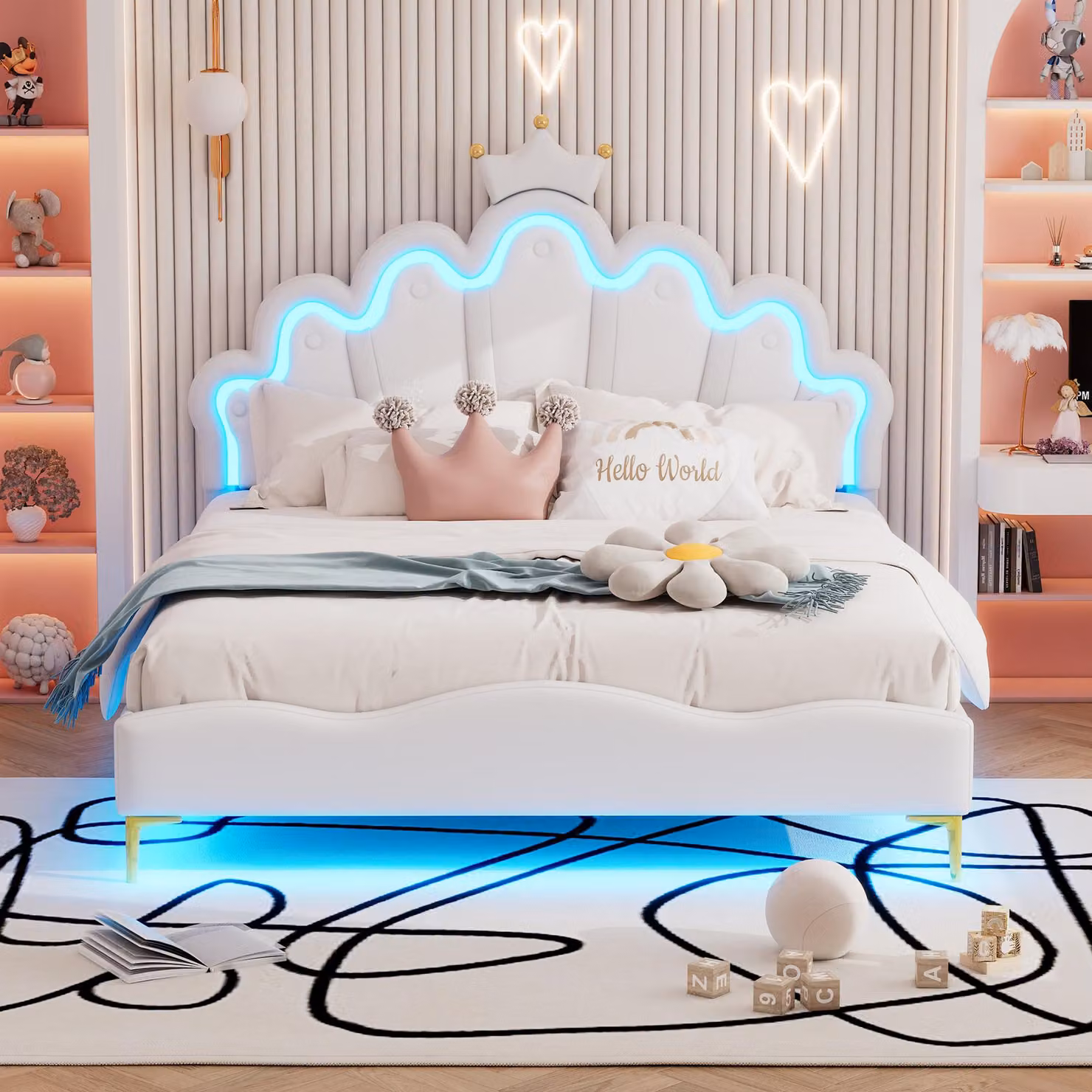 Letto imbottito 140 x 200 cm con motivo a e nuvole, illuminazione LED controllabile tramite app, rivestito in ecoFinto cuoio, con regolazione in altezza, colore bianco