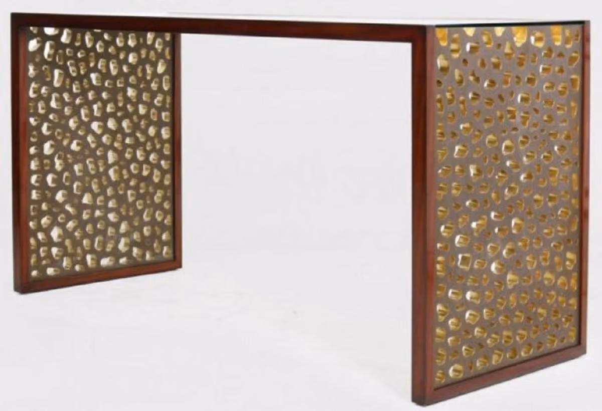 Scrivania di design Casa Padrino con piano in vetro marrone / bronzo / oro 140 x 55 x h. 77 cm - Scrivania per ufficio - Scrivania per computer - Mobili per ufficio