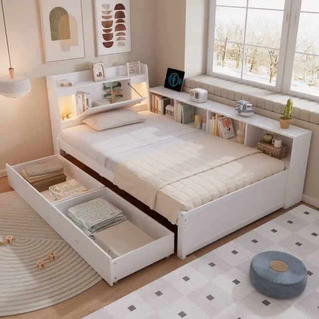 Letto Singolo con Testiera, Cassetti, Comodini e LED ¨C MINIMAL ¨C Bianco, Pino/MDF, 90x200