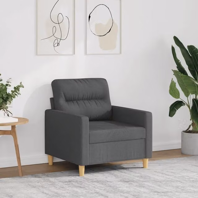 Poltroncina moderna in tessuto grigio con struttura in metallo e braccioli per soggiorno – 1