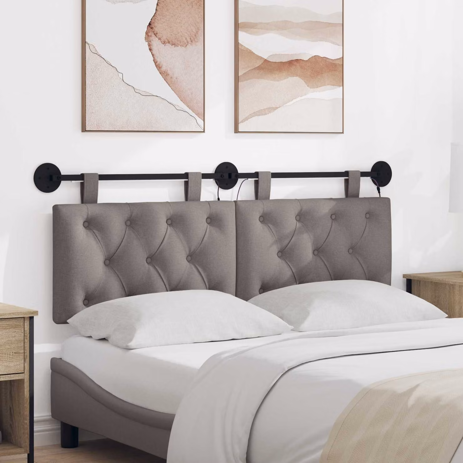 Testiera da letto sospesa vidaXL in tessuto con illuminazione integrata, colore tortora, L: 130 cm, H: 55 cm, P: 7 cm
