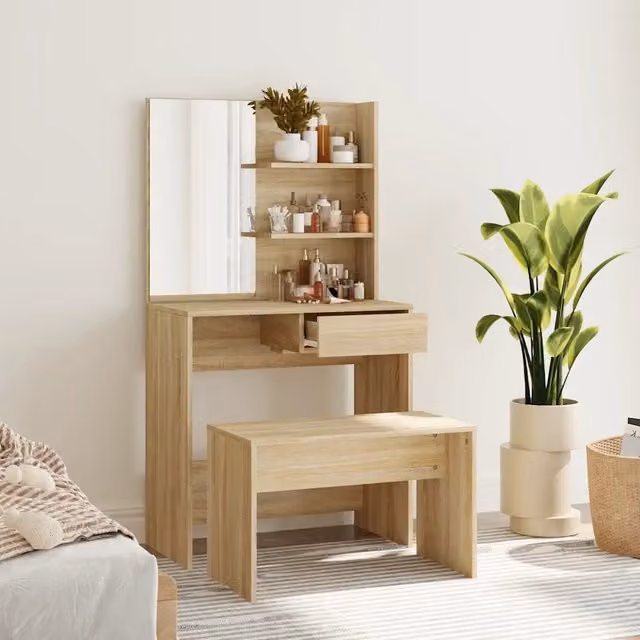 Set Tavolo da Toeletta Moderno vidaXL in Rovere, Colore Marrone e Beige, L/P/H: 74,5 x 40 x 141 cm