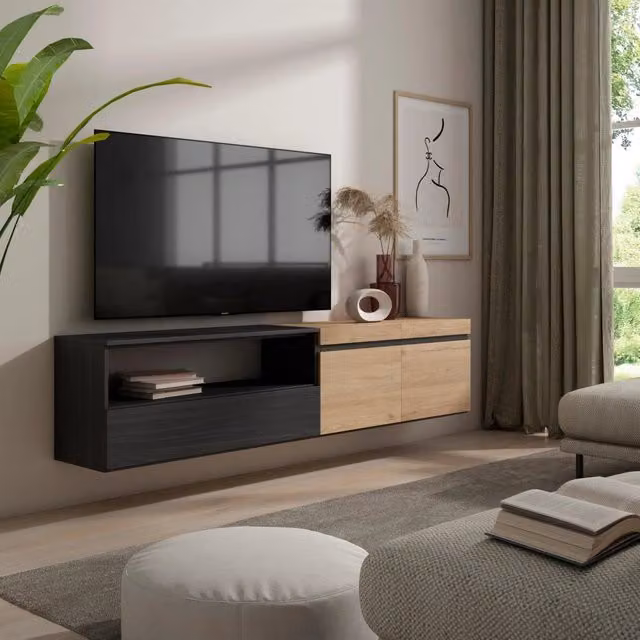 Mobile TV, 200x35x45cm, soggiorno, Per TV fino a 80", da appendere, colore Rovere e nero RF2252