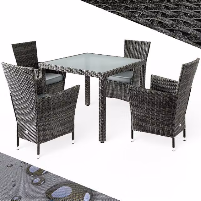 Set da giardino Bali Casaria 5 pezzi in polyrattan grigio antracite con tavolo in vetro
