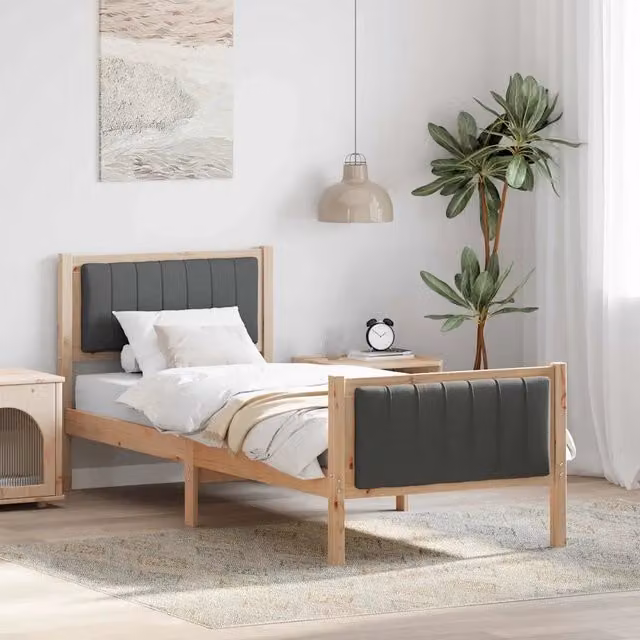 Struttura letto moderna in legno di pino con giroletto in tessuto marrone e grigio L 190 x P 80 cm