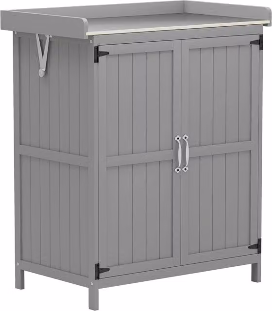 Casetta da giardino, ripostiglio per attrezzi da esterno, con piano di lavoro, in legno e acciaio inox, doppie porte, colore grigio.