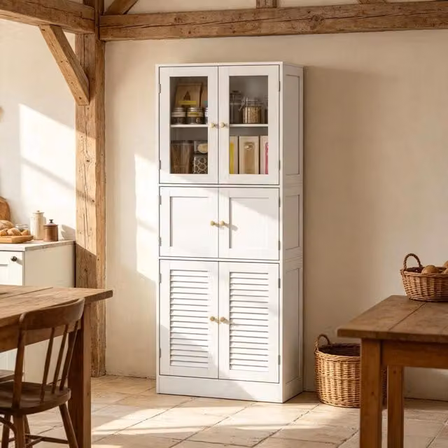Mobile bagno alto 60x30x170 cm con 3 armadietti a doppia anta in MDF e vetro bianco
