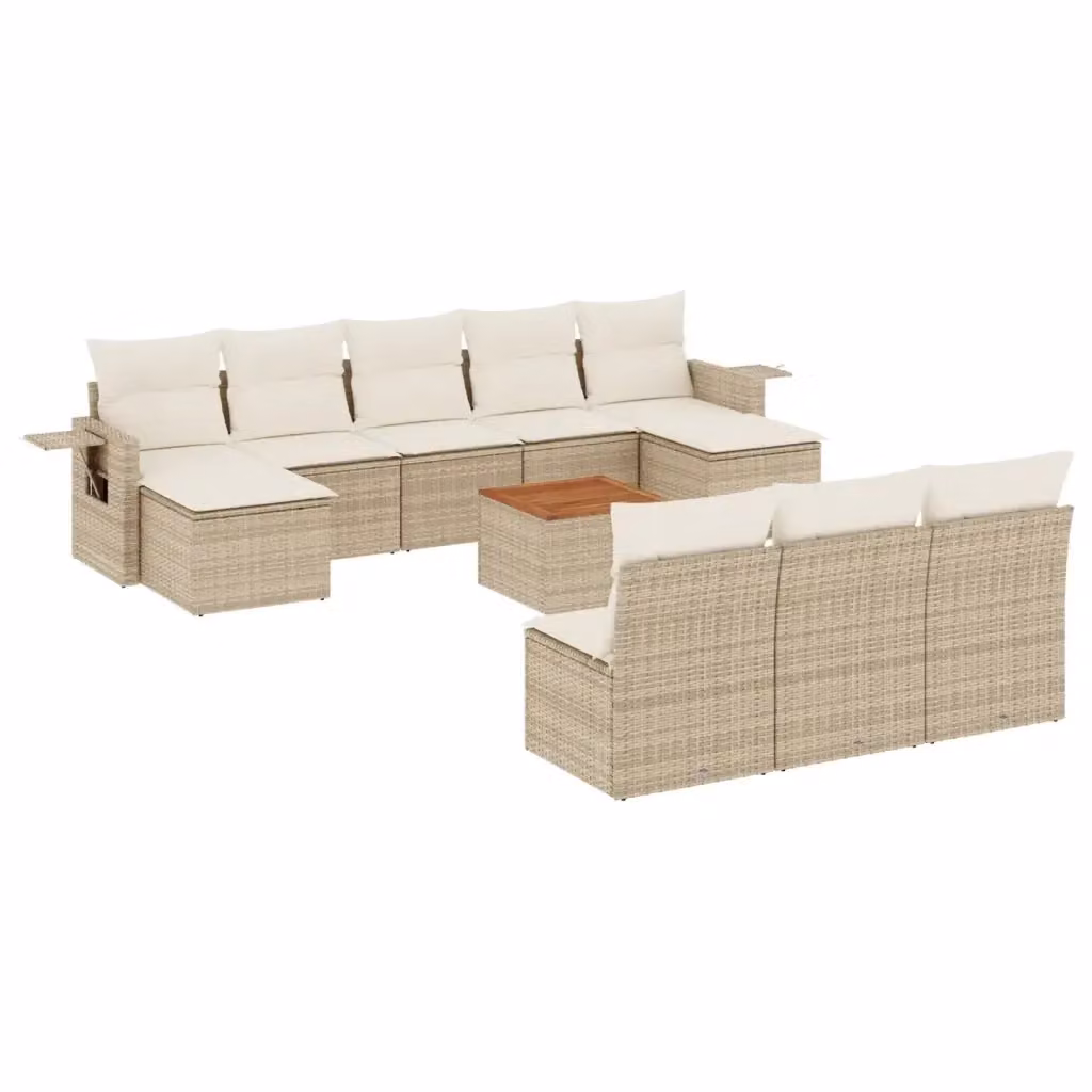 Set di Divani da Giardino vidaXL a Forma di U in Polyrattan con Cuscini Beige e Tavolino da Esterno, 11 Pezzi – 2