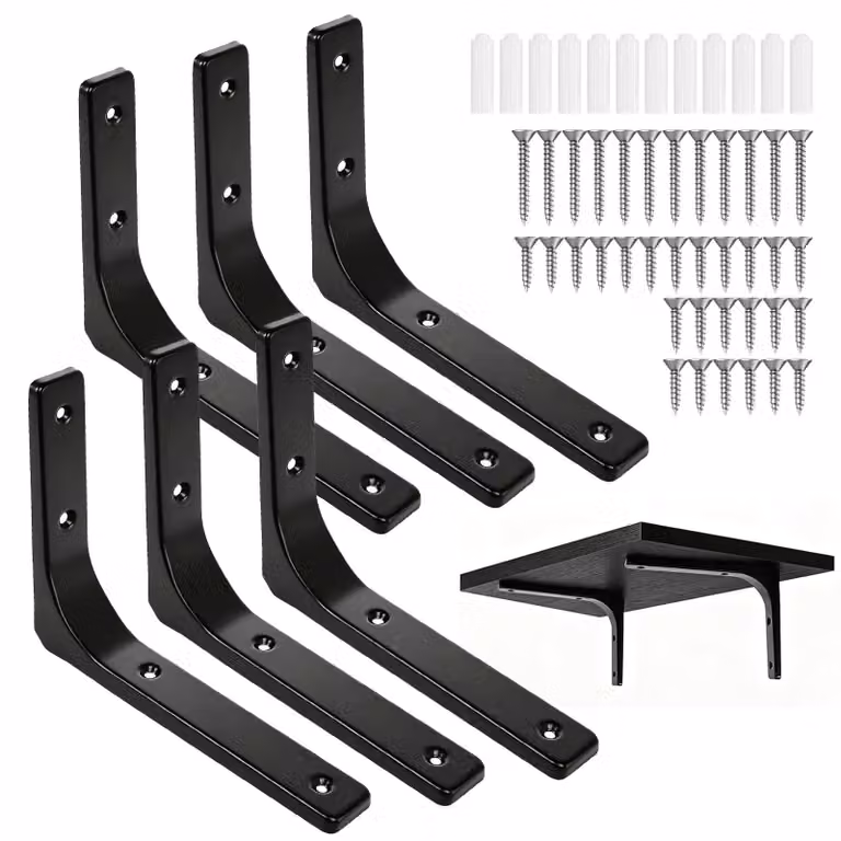 6 supporti angolari neri per mensole - Robusti supporti triangolari da parete - Con viti per scaffali angolari - 150 x 200 mm