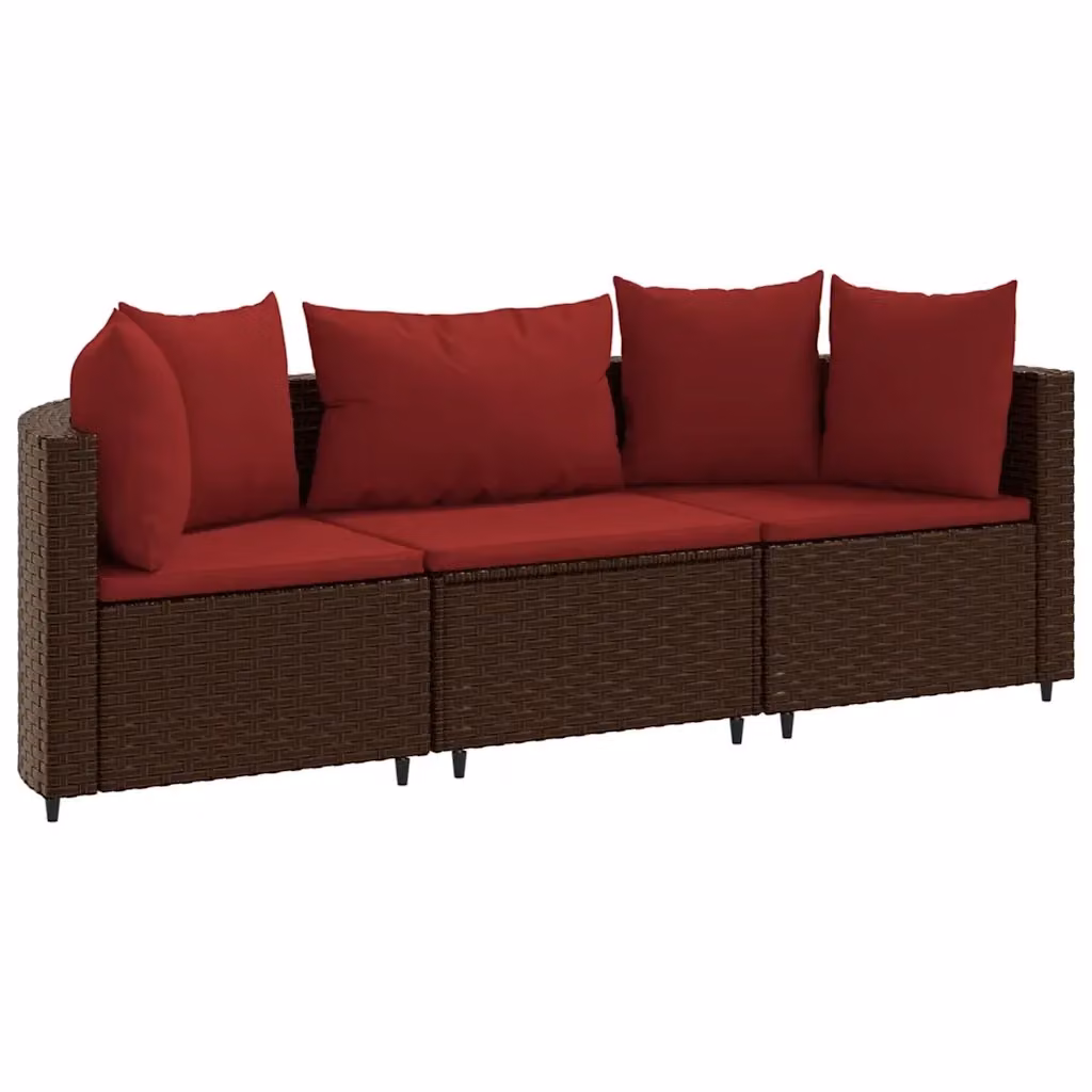 Set Divano da Giardino 3 posti vidaXL con Cuscini Marrone e Rosso in Polyrattan e Metallo – 2