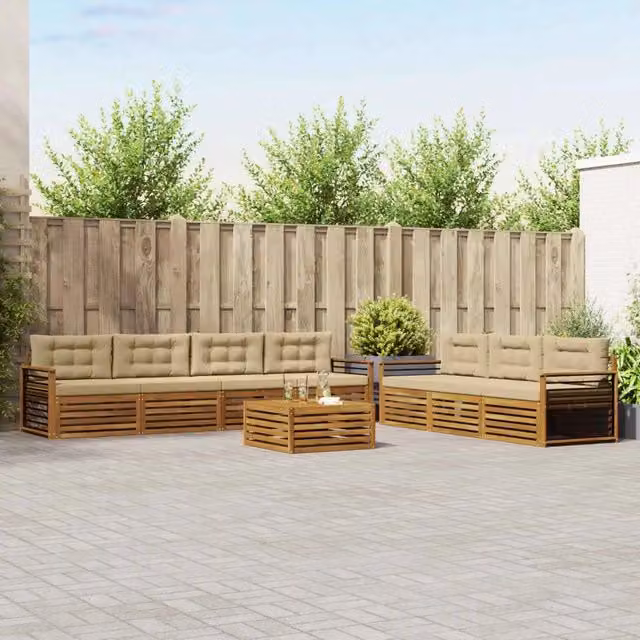 Set di mobili da giardino vidaXL composto da 8 pezzi in legno di acacia con divani, tavolino da caffè e cuscini color sabbia e beige