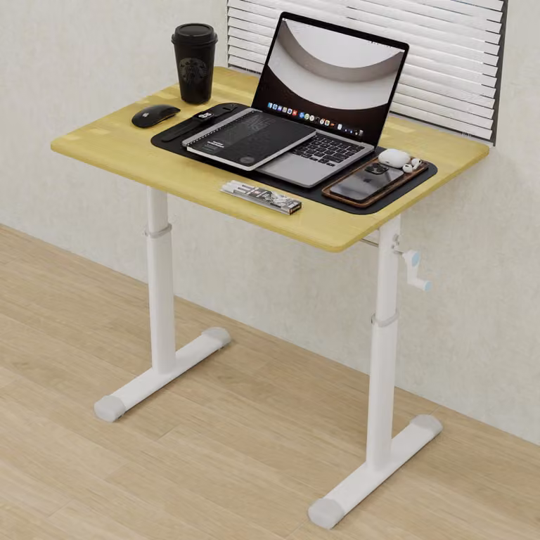 scrivania regolabile in altezza okwish scrivania da ufficio con manovella e gambe del tavolo bianche, scrivania per computer con struttura a doppia colonna, legno--60*80