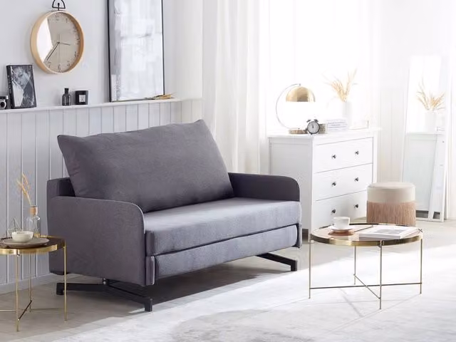 Divano letto Beliani in tessuto grigio con struttura in metallo e coperture rimovibili per soggiorno, stile moderno, L/P/H: 150 x 80 x 68 cm – 1