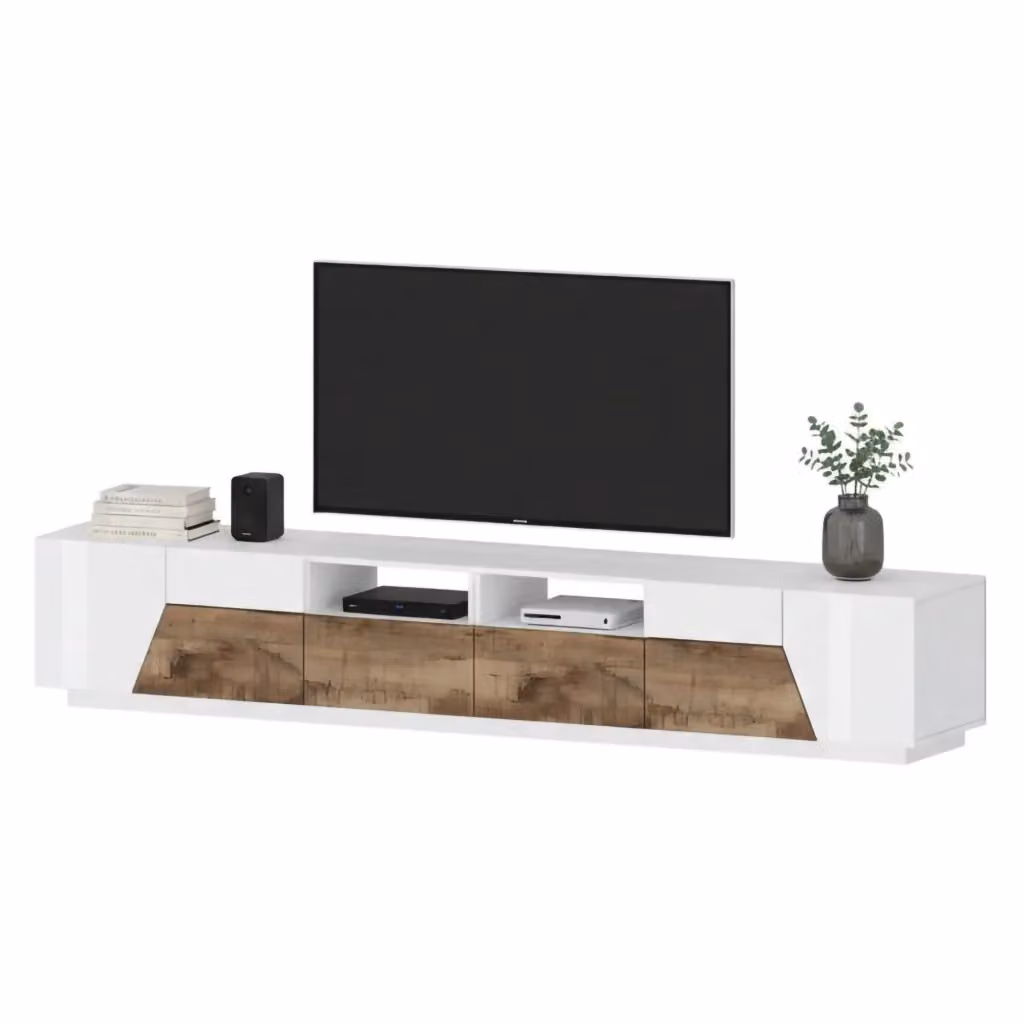 Credenza da soggiorno DMORA Porta Asdrubale con 4 ante geometriche e 2 cassetti, Bianco lucido e Acero, L: 260 cm, H: 43 cm, P: 46 cm – 2