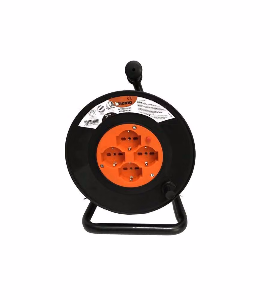 Bticino Avvolgicavo Arancio/Nero con 4 Prese e Disgiuntore Automatico, 15m