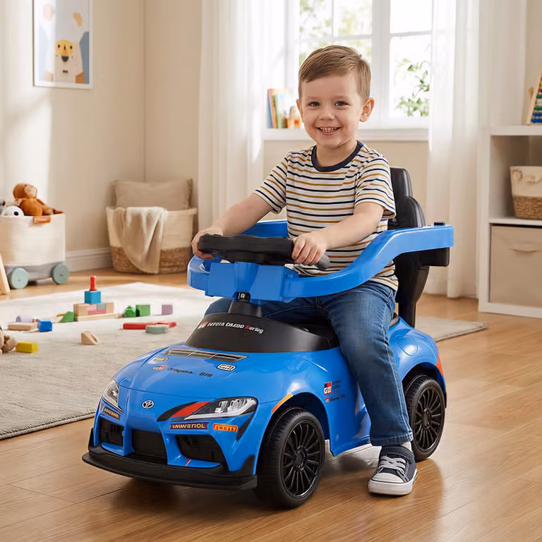Costway Auto a spinta 3 in 1 per bambini con musica e vano portaoggetti, Macchina primi passi con sterzo limitato, Blu