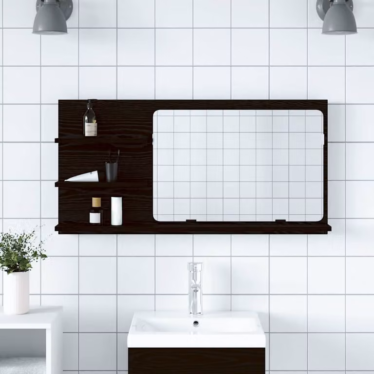 Mobiletto da bagno con specchio vidaXL in legno nero, moderno e a parete, L: 90 cm, P: 11 cm, H: 45 cm
