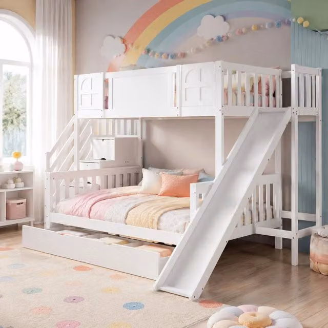 Letto a castello 295x174x168.5 cm con scivolo; finestre e scale contenitore in legno; bianco