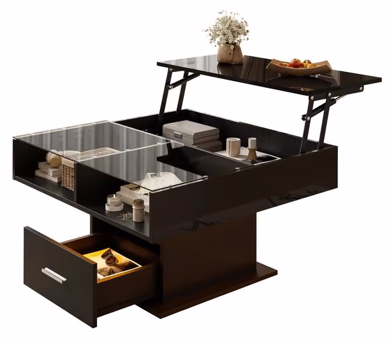 Tavolino da salotto - Tavolino centrale - Illuminazione a LED - Altezza regolabile - Ampio spazio di stoccaggio - Superficie lucida - Pannello di particelle di legno nero