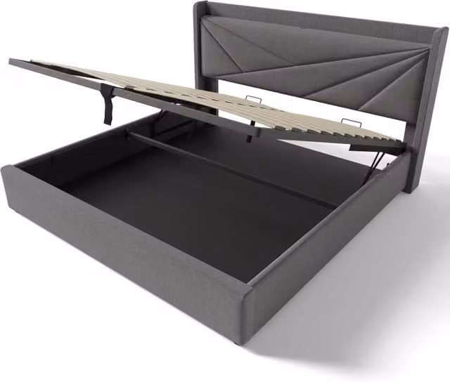 Letto matrimoniale imbottito 180x200 con contenitore, schienale con funzione di ricarica USB Tipo C, struttura in lino senza materasso