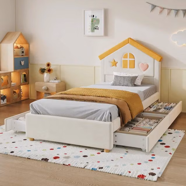 Letto a casetta per bambini 90x200 cm imbottito con 4 cassetti in velluto beige HAVRYA