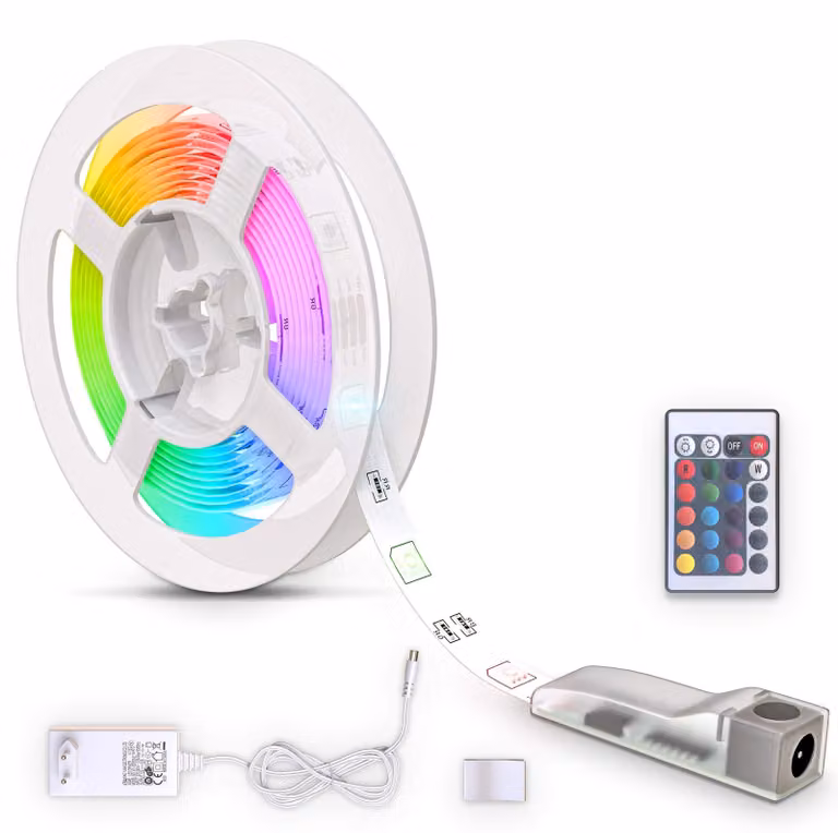 B.K.Licht Striscia LED 3m, cambio colori RGB con telecomando, dimmerabile, adesiva, accorciabile, nastro luminoso LED, alimentatore spina europea, bianca, per interni IP20
