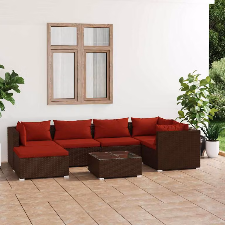 vidaXL Set Divani da Giardino 7 pz in Polyrattan Marrone con Cuscini e Tavolino
