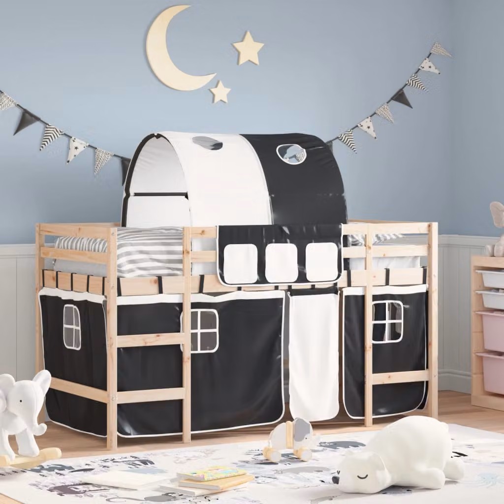 vidaXL Letto a Soppalco per Bambini in Legno di Pino Bianco e Nero L: 200 cm, P: 80 cm, H: 113,5 cm – 1