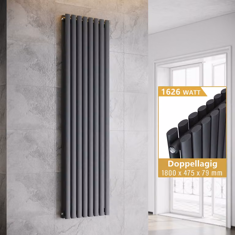 SONNI Radiatore a piastre verticali, radiatore a tubi a doppio strato, colore antracite, dimensioni 1800x475 mm, senza resistenza riscaldante