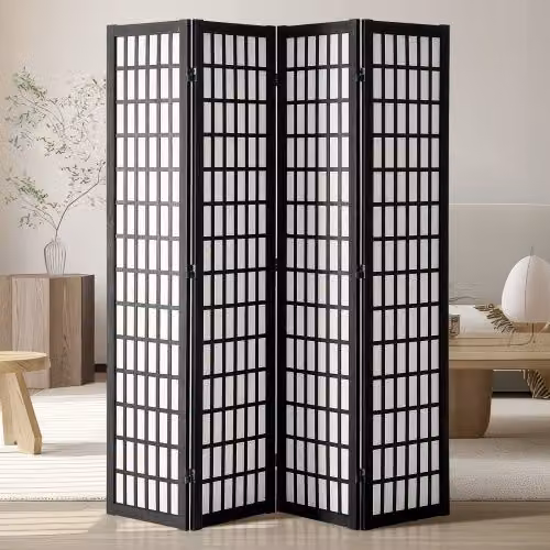 Divisorio per Ambienti VEVOR a 4 Pannelli in Legno Nero, Schermo Pieghevole Decorativo per Casa e Ufficio, H: 170 cm, L: 162 cm, P: 18,5 cm